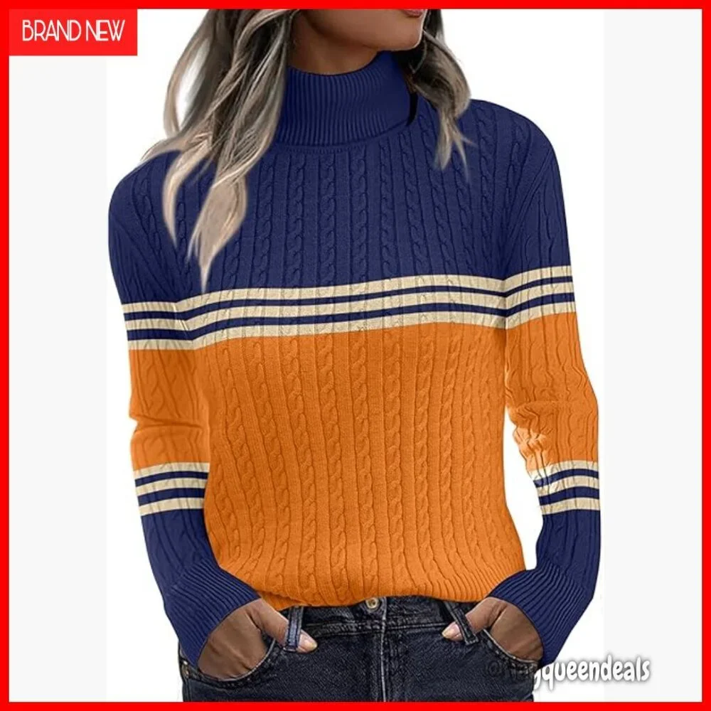 Turtleneck Cable Knit Pullover Sweater Long Sleeve Slim Fit Fall Winter